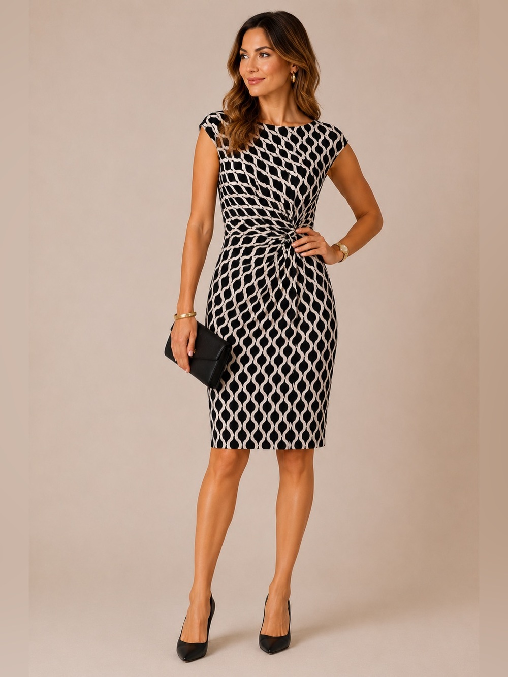 Lauren Ralph Lauren Knot Front Knee Length Dress Black Ivory Career Size 4
